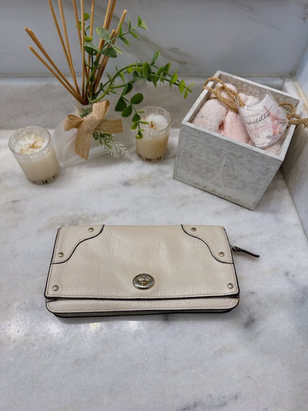 Cream Leather Wallet Clutch - Unbranded